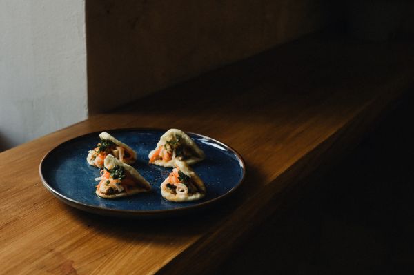 Dinner with vegetarian Chinese buns and wine
